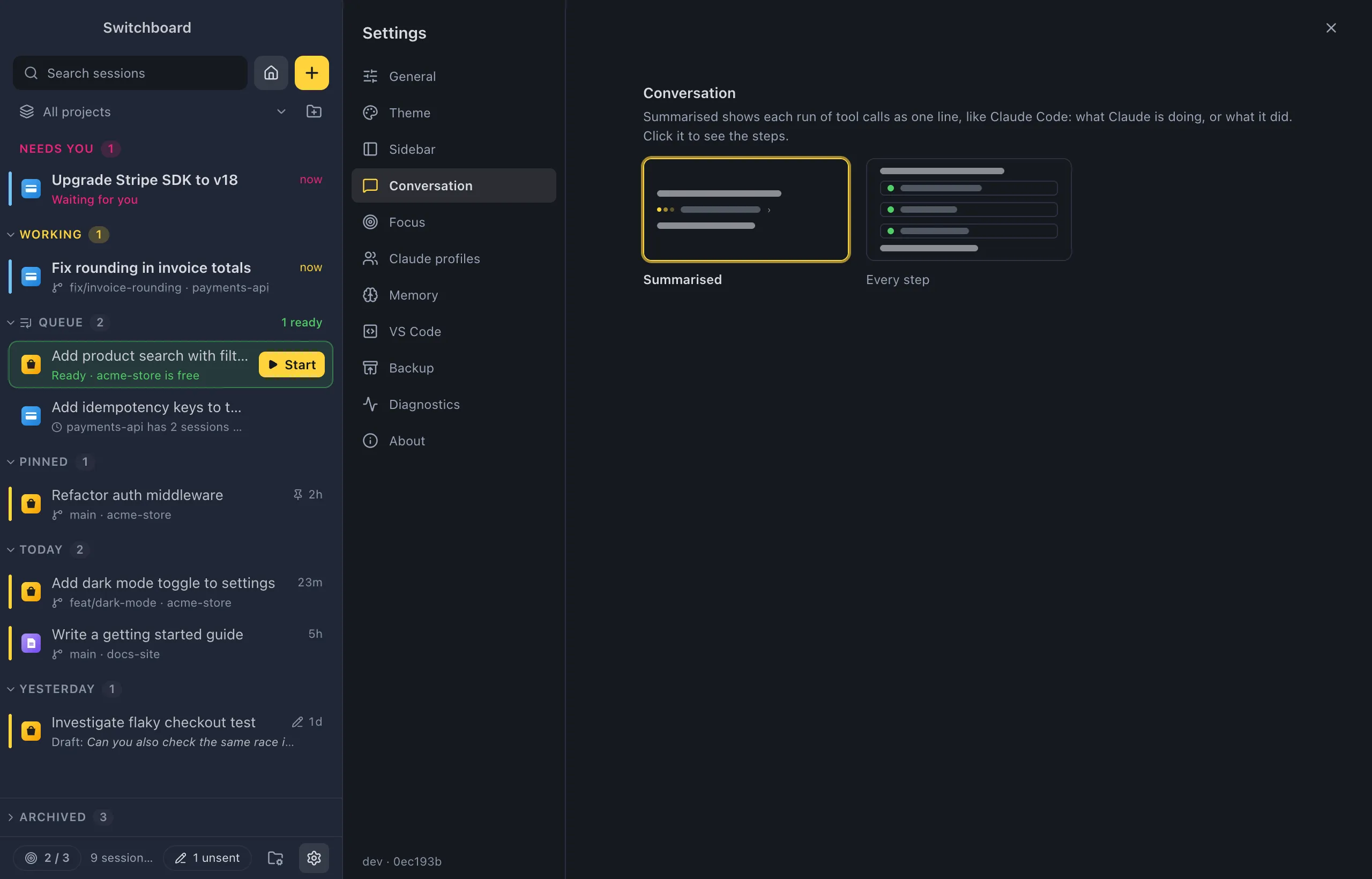 Settings on Conversation: two previews, Summarised and Every step