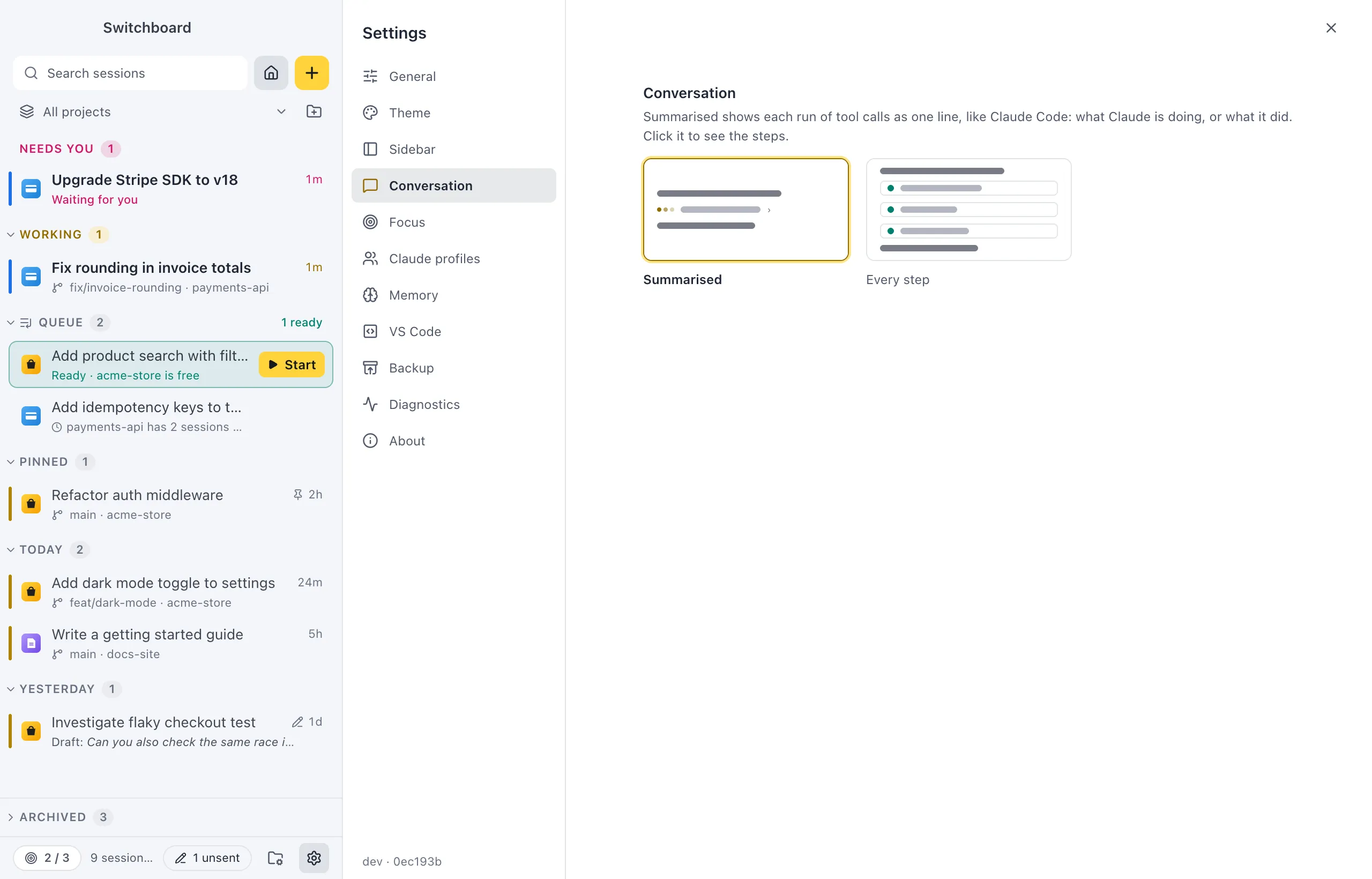 Settings on Conversation: two previews, Summarised and Every step