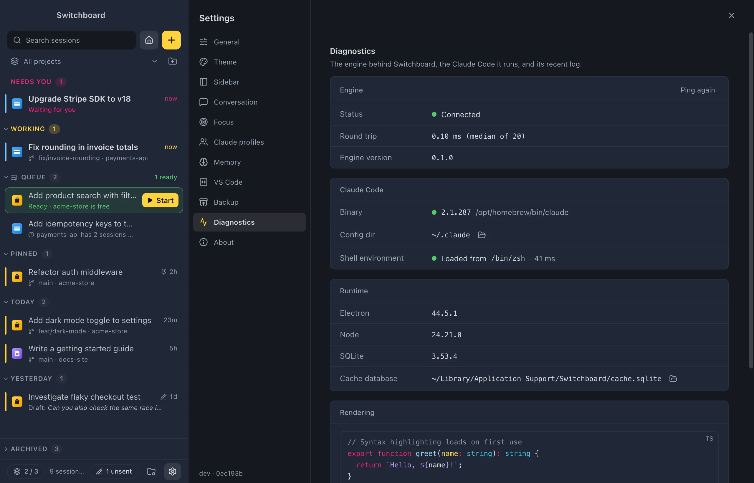 Settings on Diagnostics: the Engine, Claude Code and Runtime cards, a Rendering sample and the Engine log