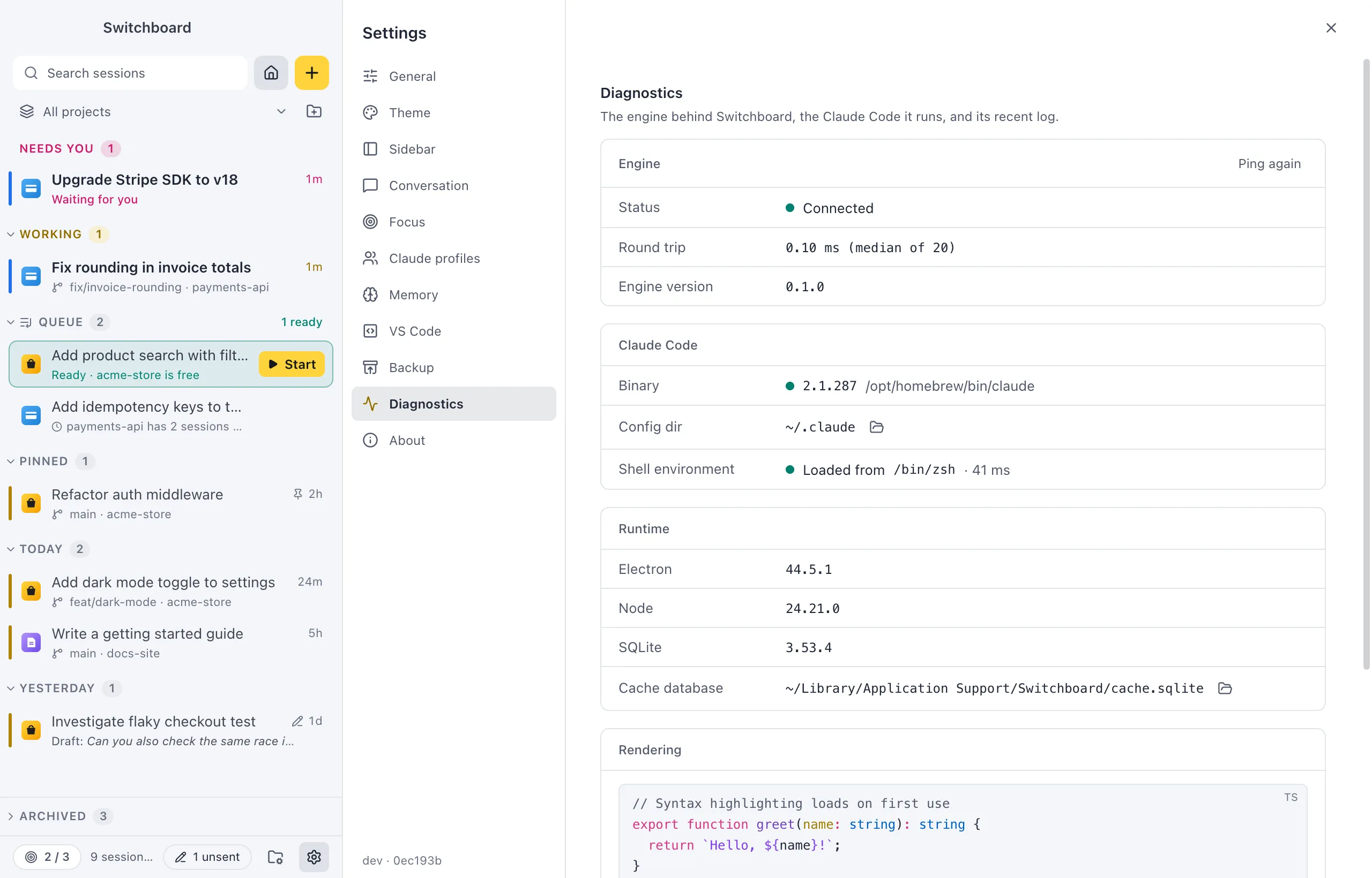 Settings on Diagnostics: the Engine, Claude Code and Runtime cards, a Rendering sample and the Engine log