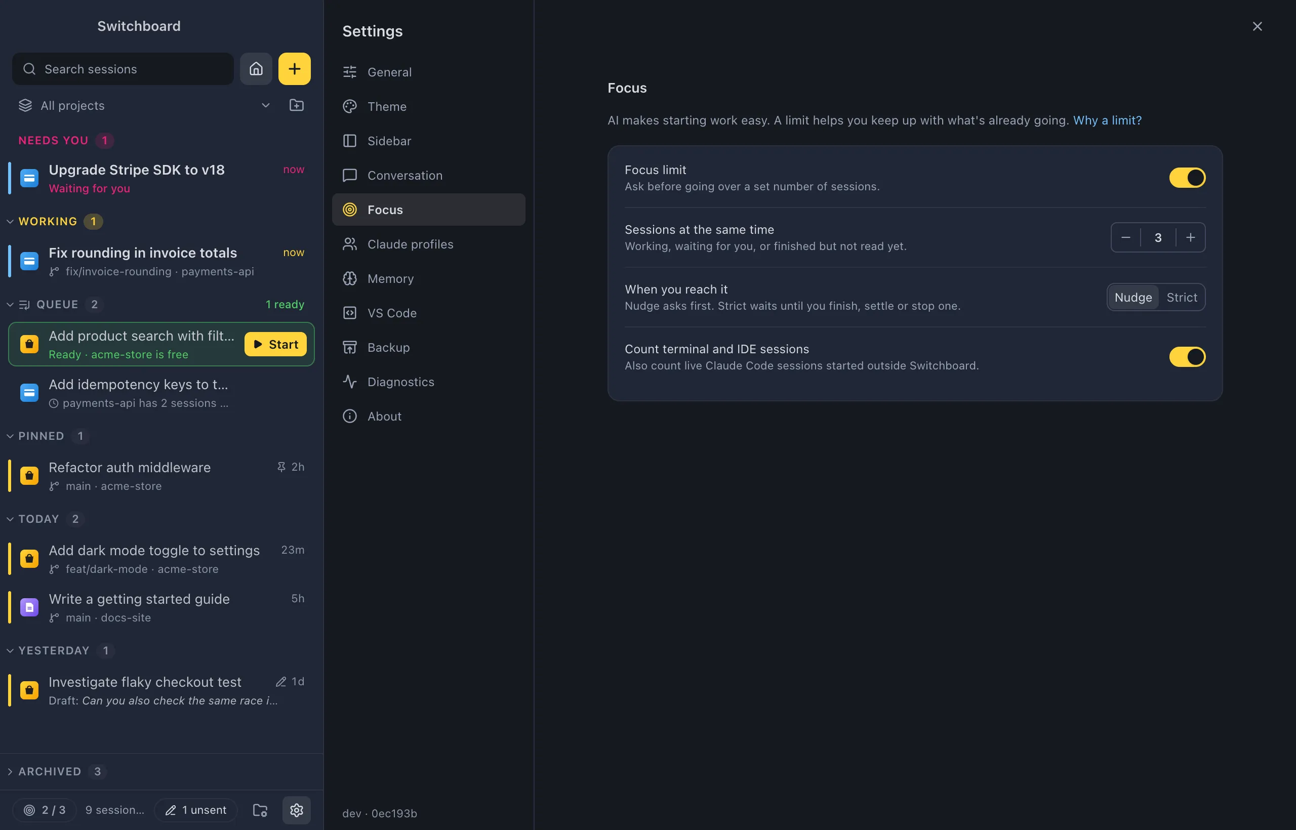 Settings on the Focus section: the Focus limit switch, Sessions at the same time with minus and plus buttons, When you reach it with Nudge and Strict, and Count terminal and IDE sessions
