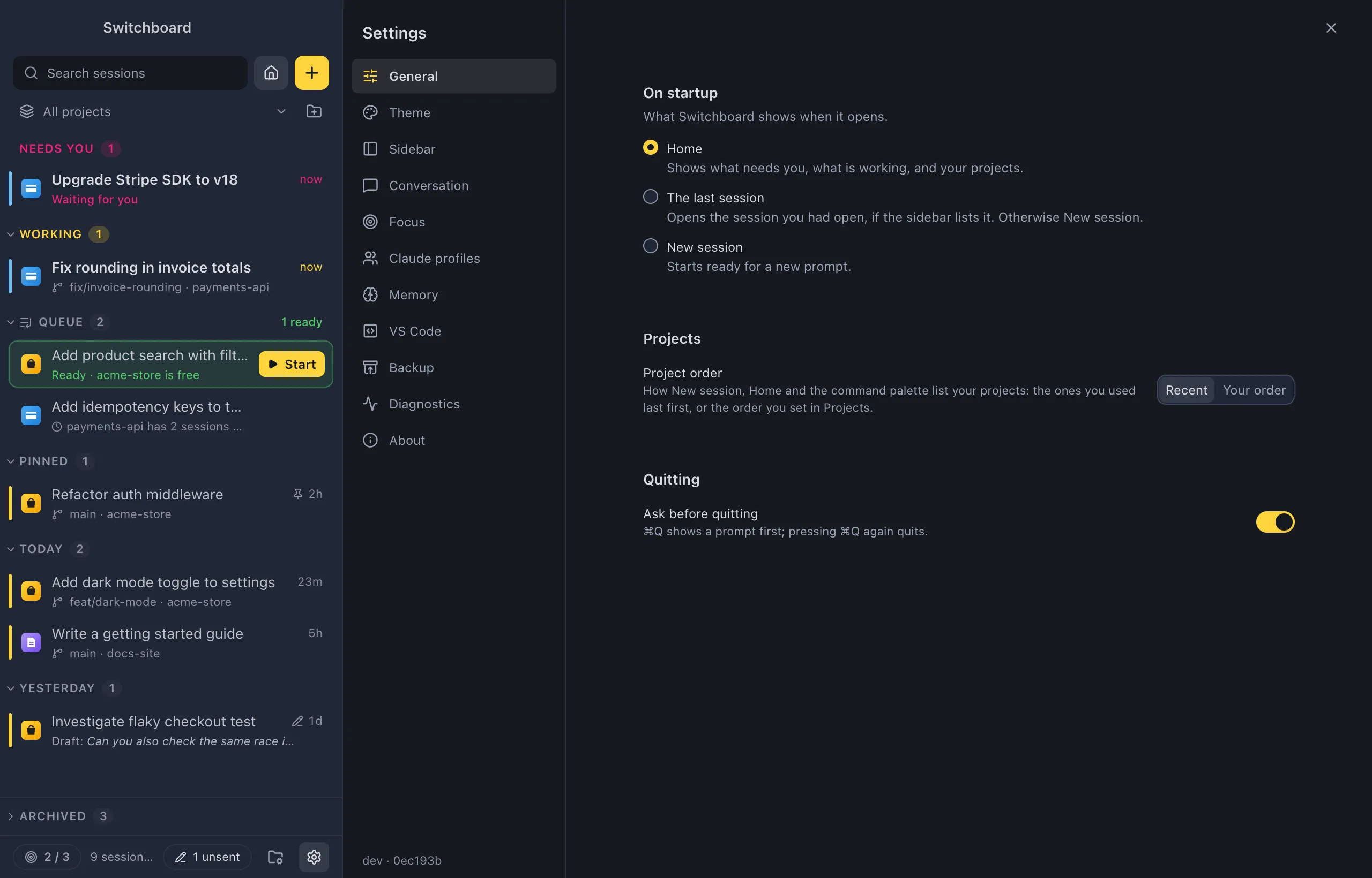 Settings on General: On startup with Home, The last session and New session, Project order with Recent and Your order, and the Ask before quitting switch