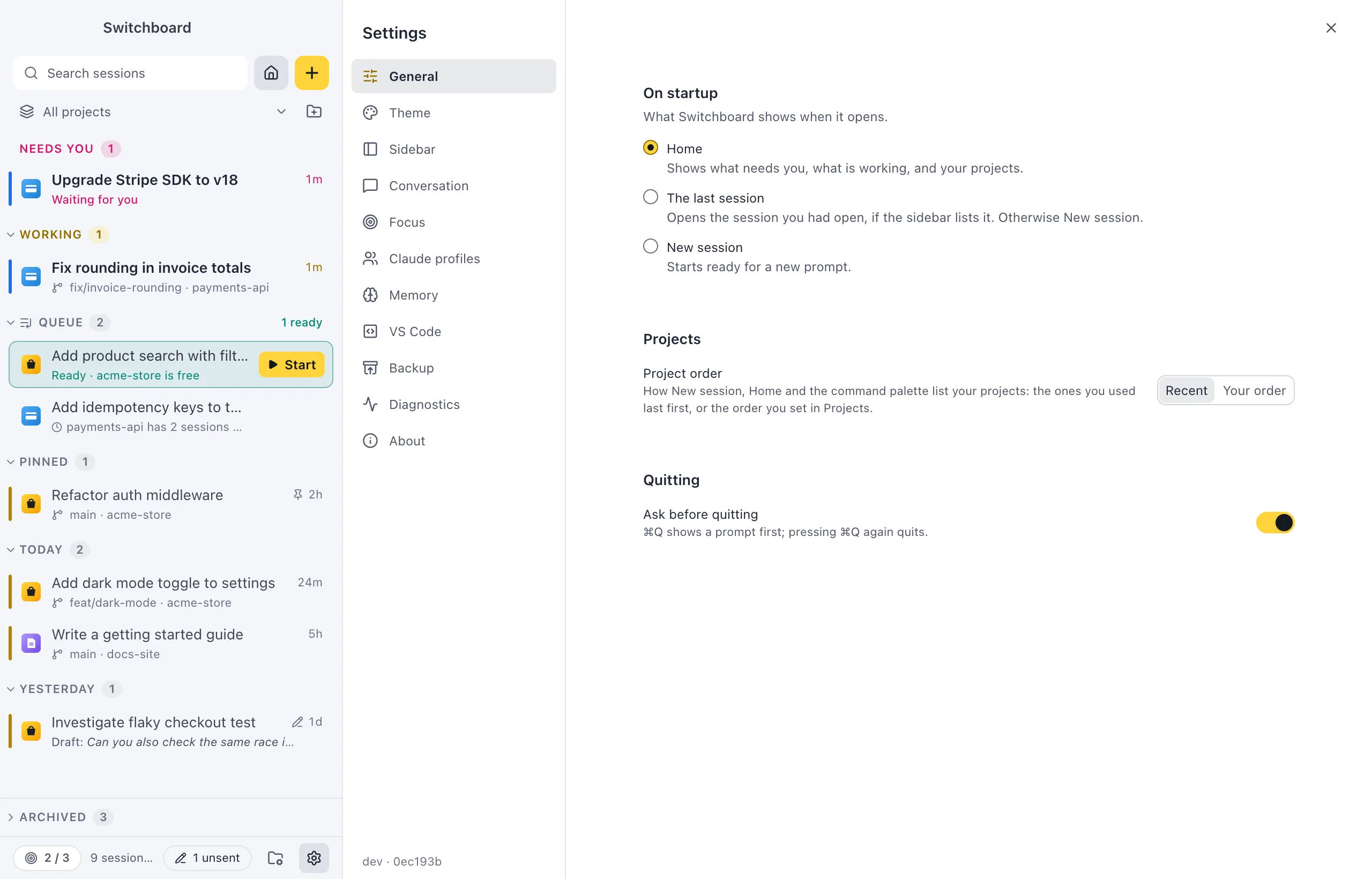 Settings on General: On startup with Home, The last session and New session, Project order with Recent and Your order, and the Ask before quitting switch