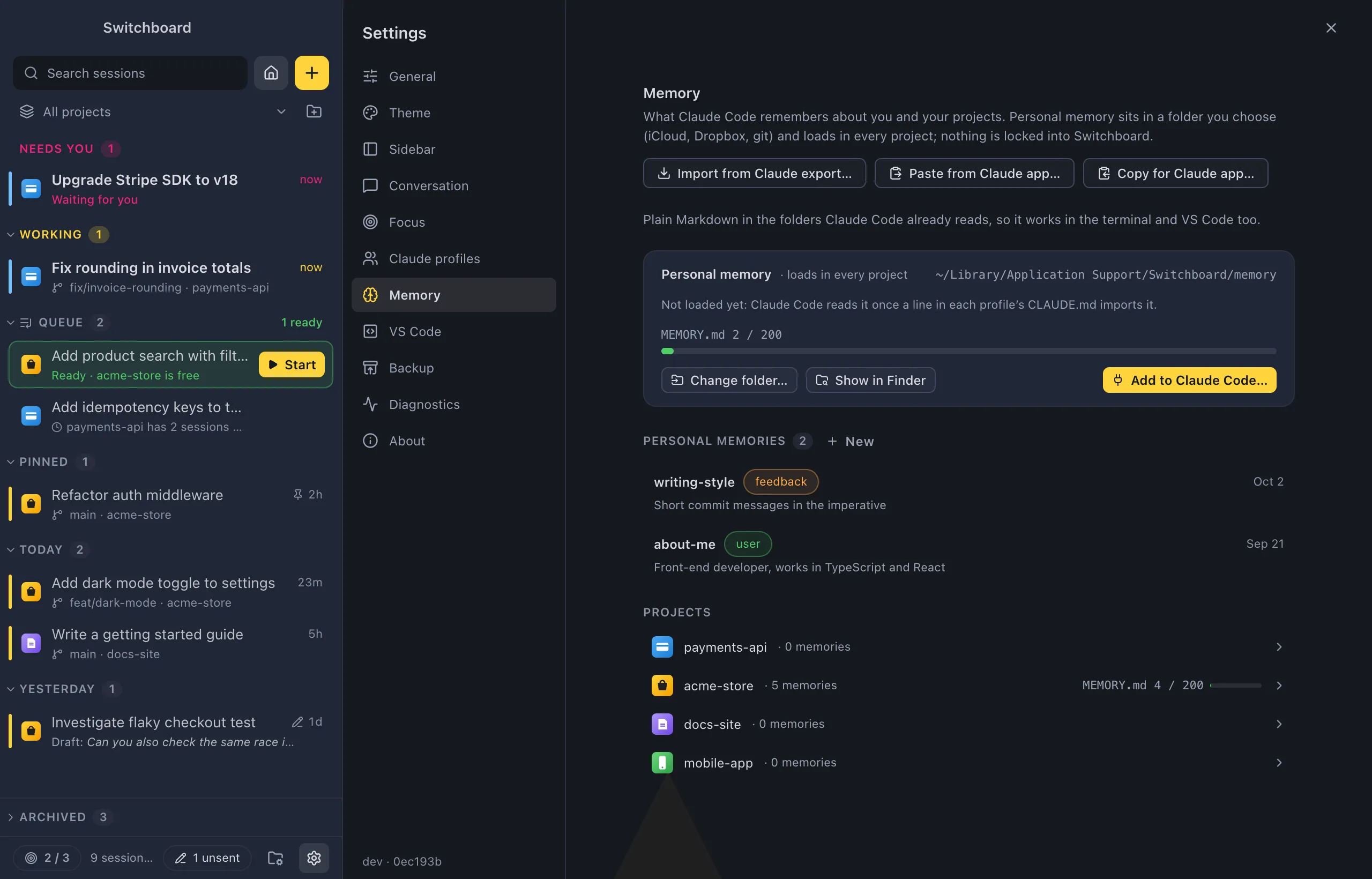 Settings on Memory: the Import from Claude export, Paste from Claude app and Copy for Claude app buttons, the Personal memory card with its folder, MEMORY.md meter and Remove from Claude Code, the Personal memories list, and every project with its memory count
