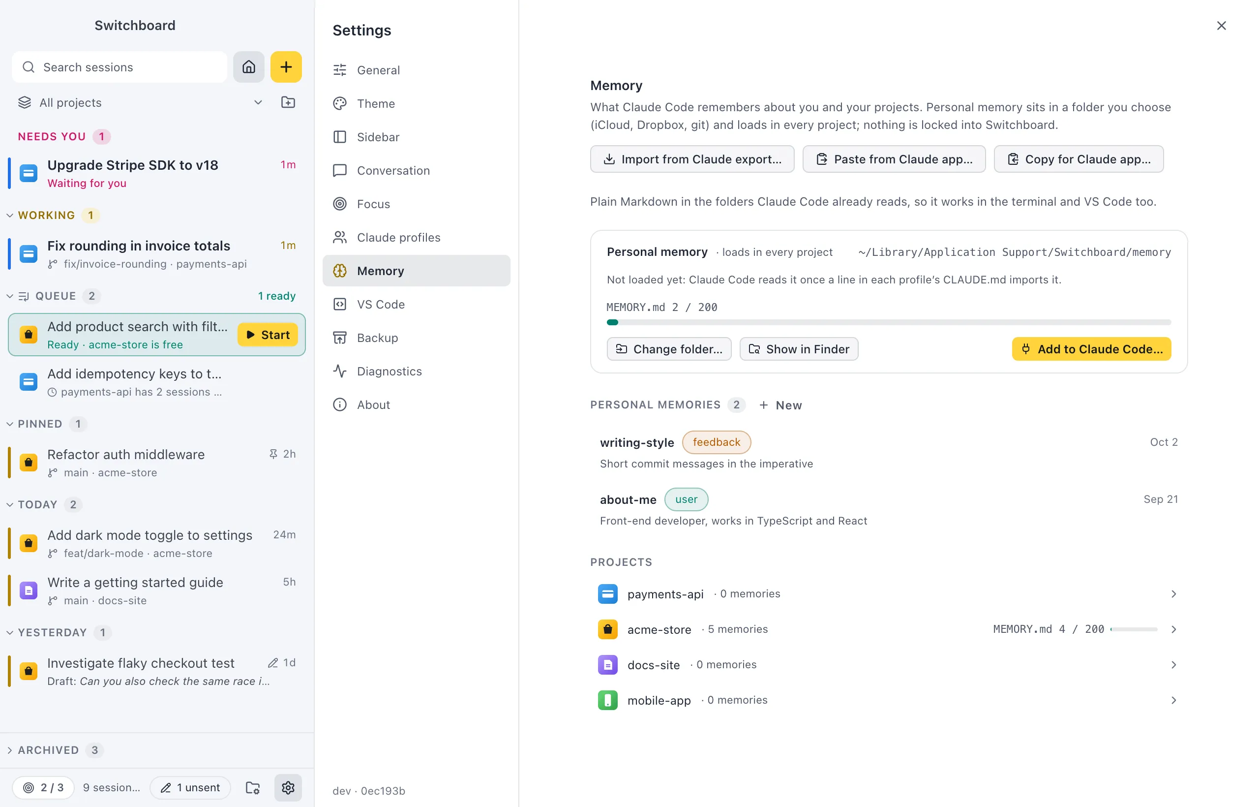 Settings on Memory: the Import from Claude export, Paste from Claude app and Copy for Claude app buttons, the Personal memory card with its folder, MEMORY.md meter and Remove from Claude Code, the Personal memories list, and every project with its memory count