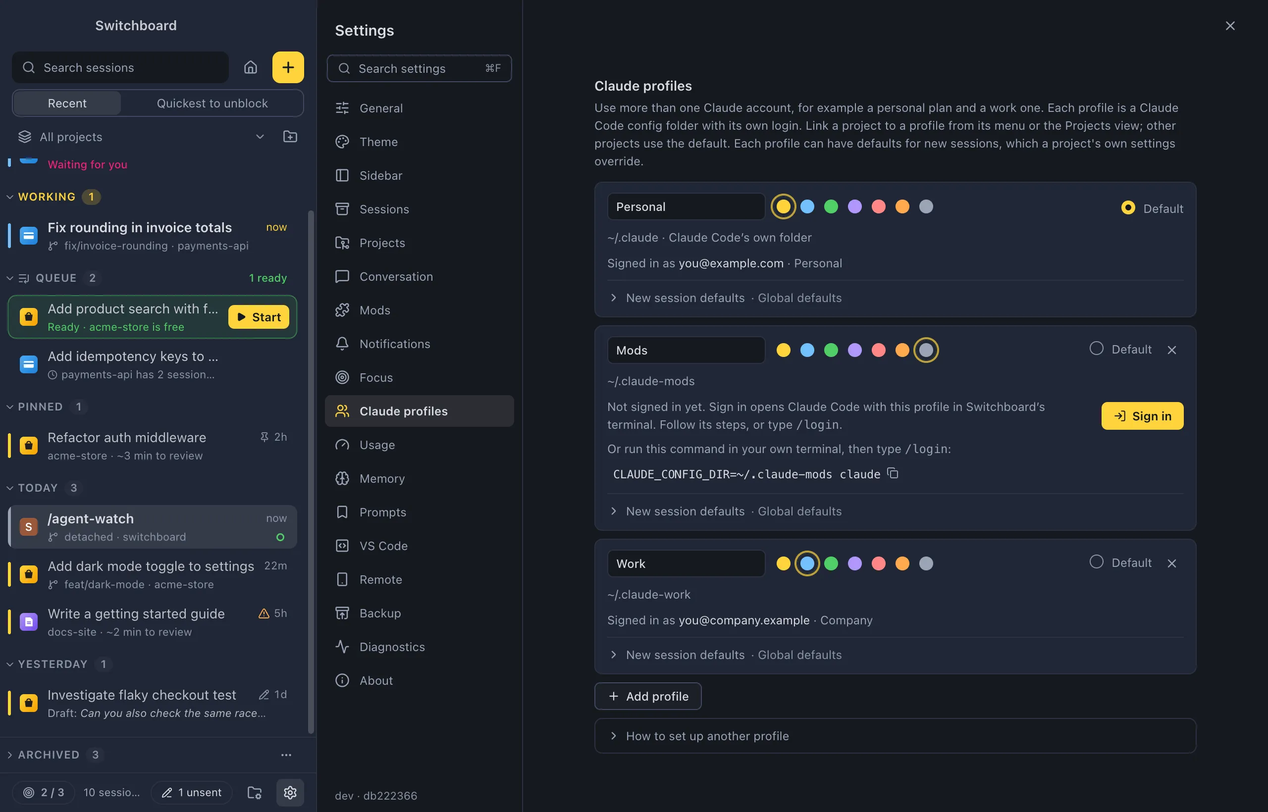 Settings on Claude profiles: a Personal profile in yellow and a Work profile in blue, each with its config folder, the account it is signed in with and the Default choice