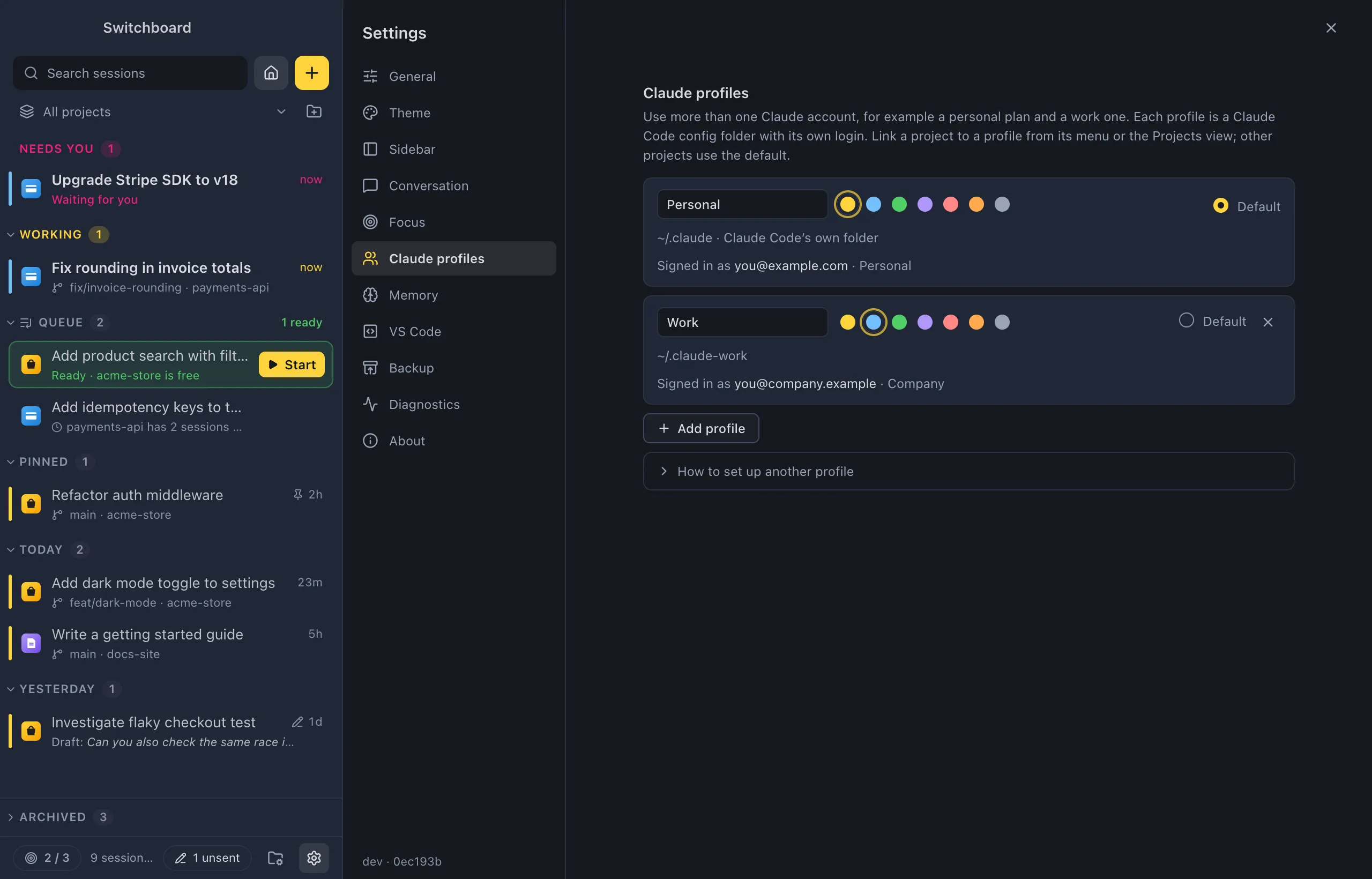 Settings on Claude profiles: two profiles, each with its name, colour, config folder and the account it is signed in with, the Default choice, Add profile, and How to set up another profile