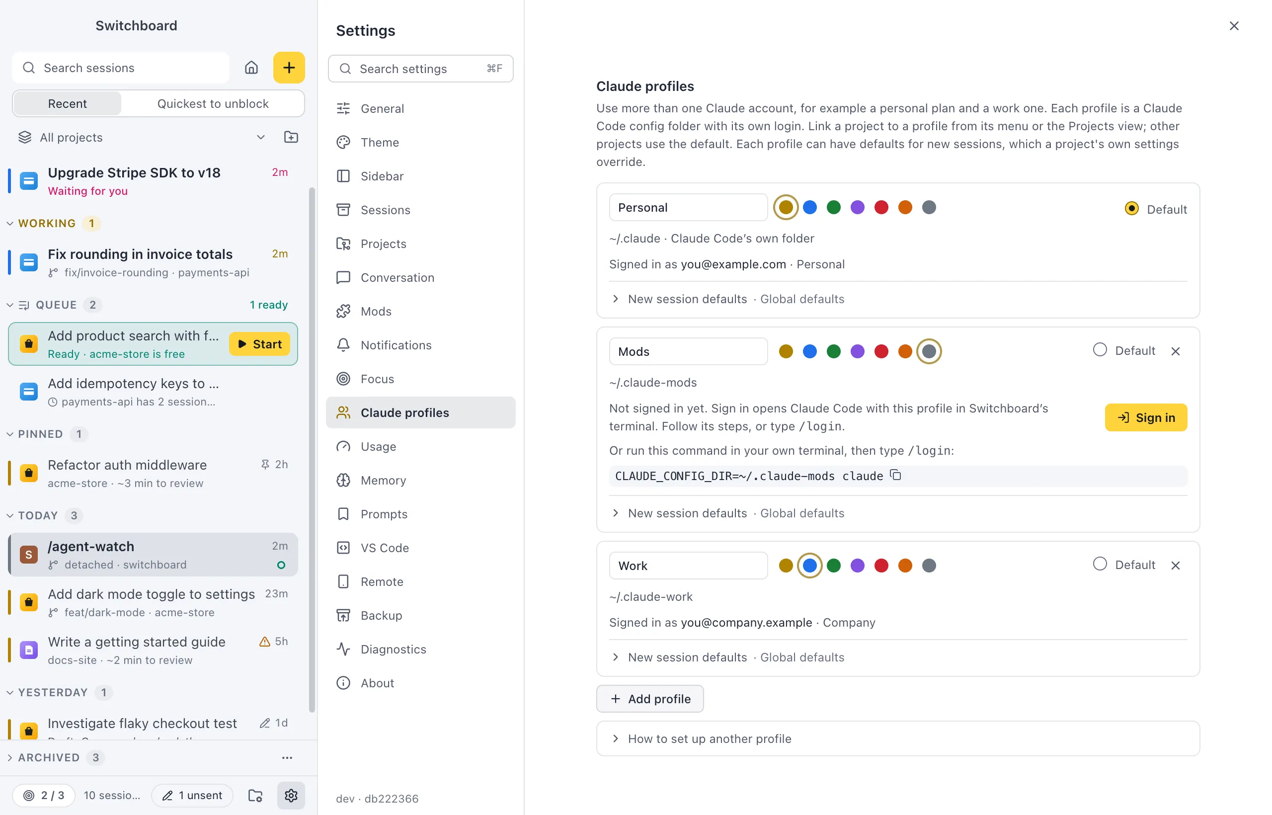 Settings on Claude profiles: a Personal profile in yellow and a Work profile in blue, each with its config folder, the account it is signed in with and the Default choice