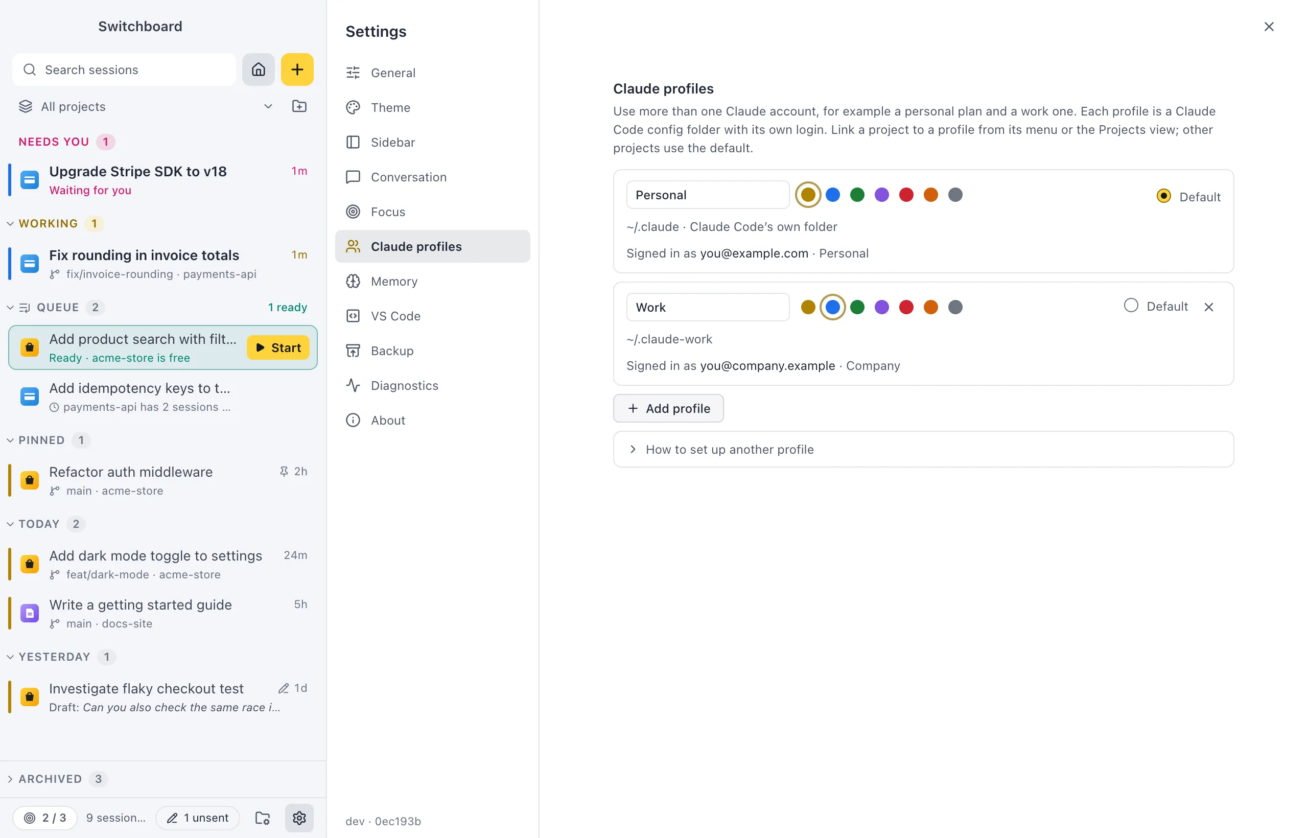 Settings on Claude profiles: two profiles, each with its name, colour, config folder and the account it is signed in with, the Default choice, Add profile, and How to set up another profile