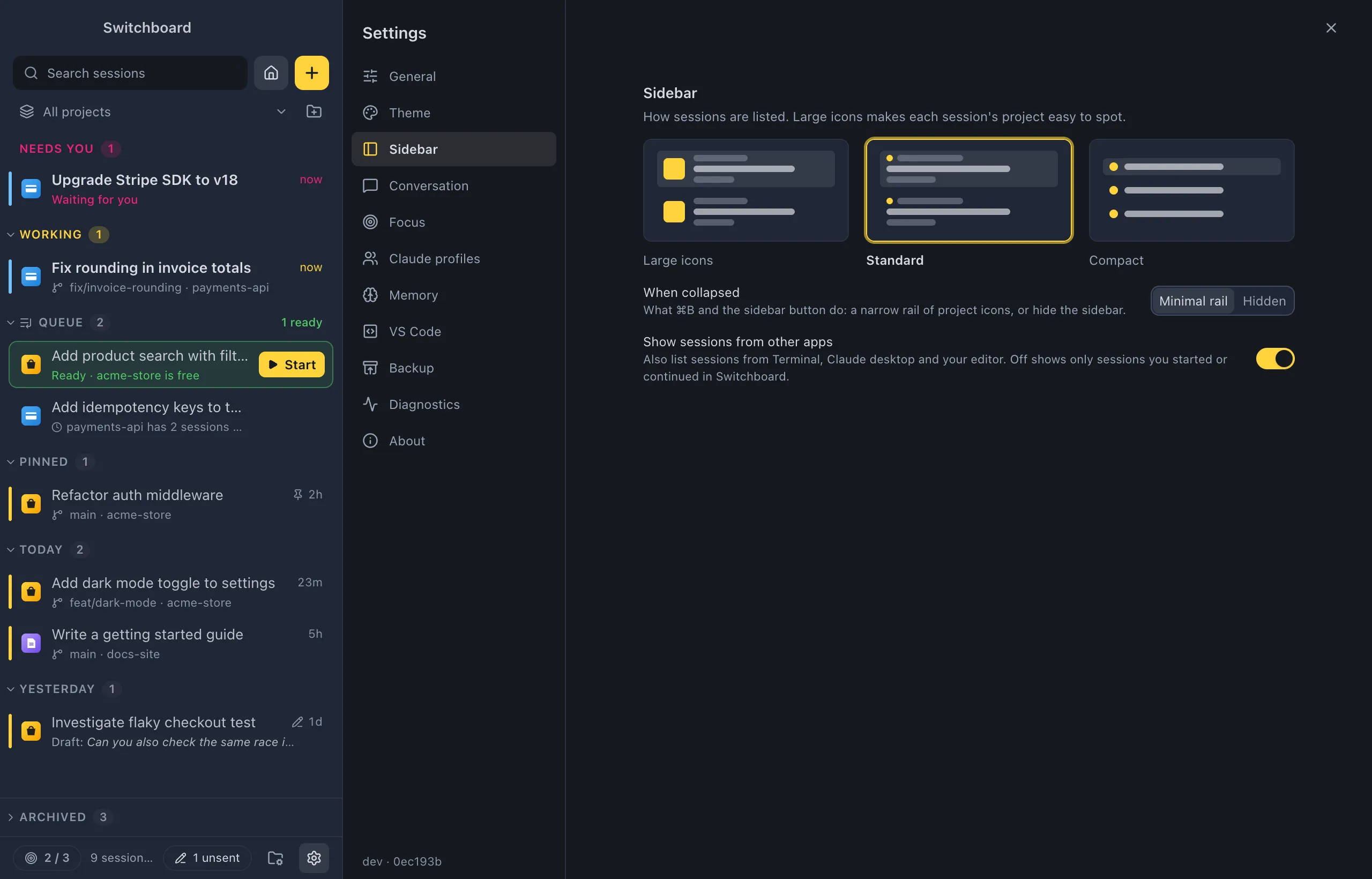 Settings open on Sidebar: the three sidebar styles, the When collapsed choice, and the Show sessions from other apps switch