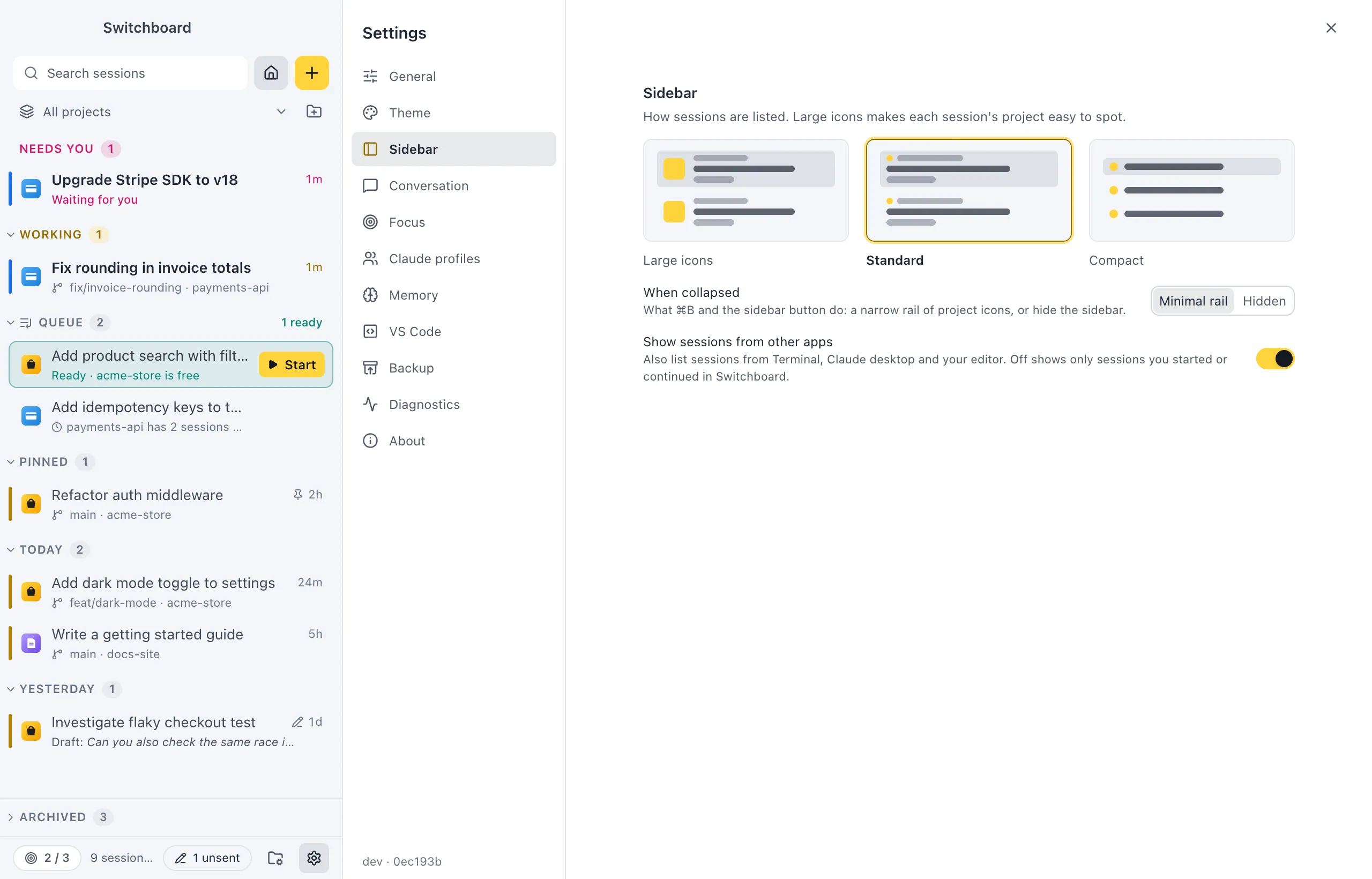 Settings open on Sidebar: the three sidebar styles, the When collapsed choice, and the Show sessions from other apps switch