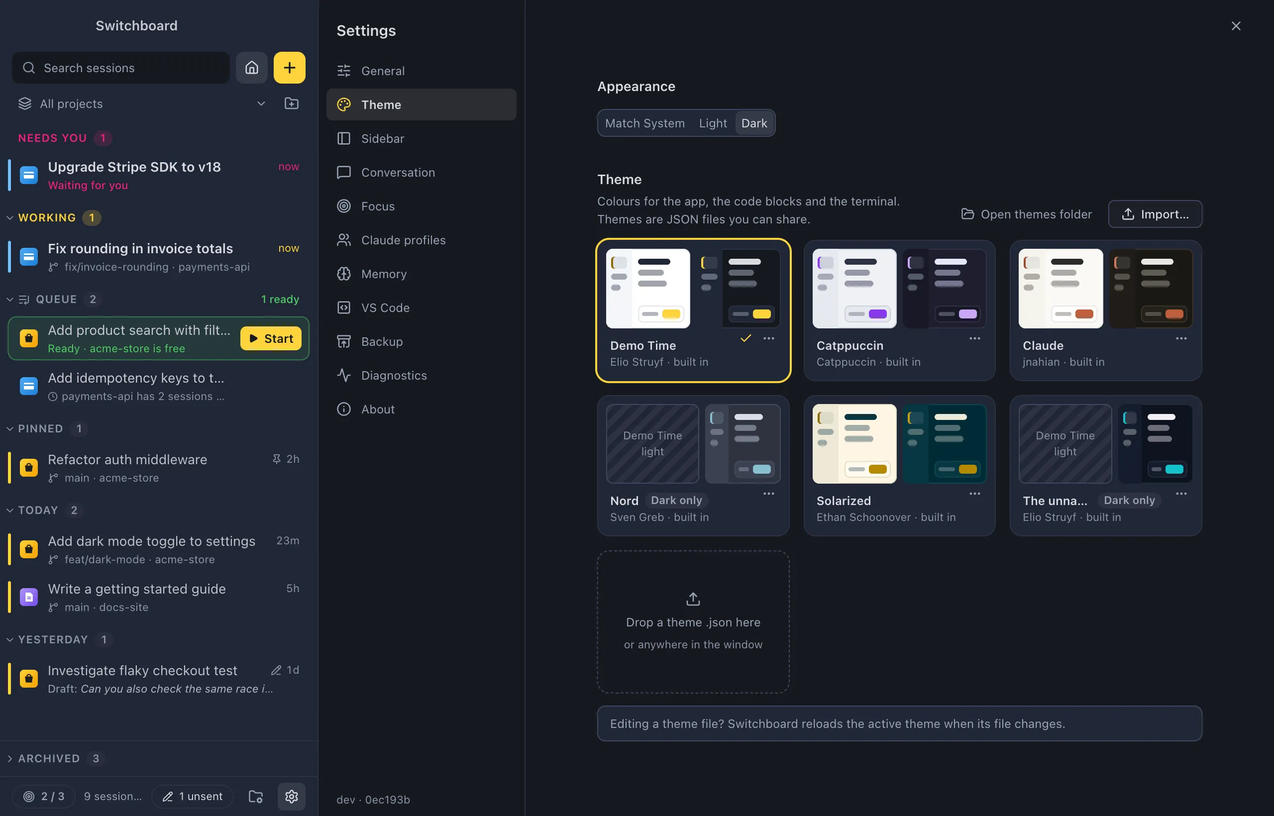 Settings open on Theme: the Appearance control, then a grid of theme cards, each with a light and a dark preview, its name and author, and a dashed card to drop a theme file on