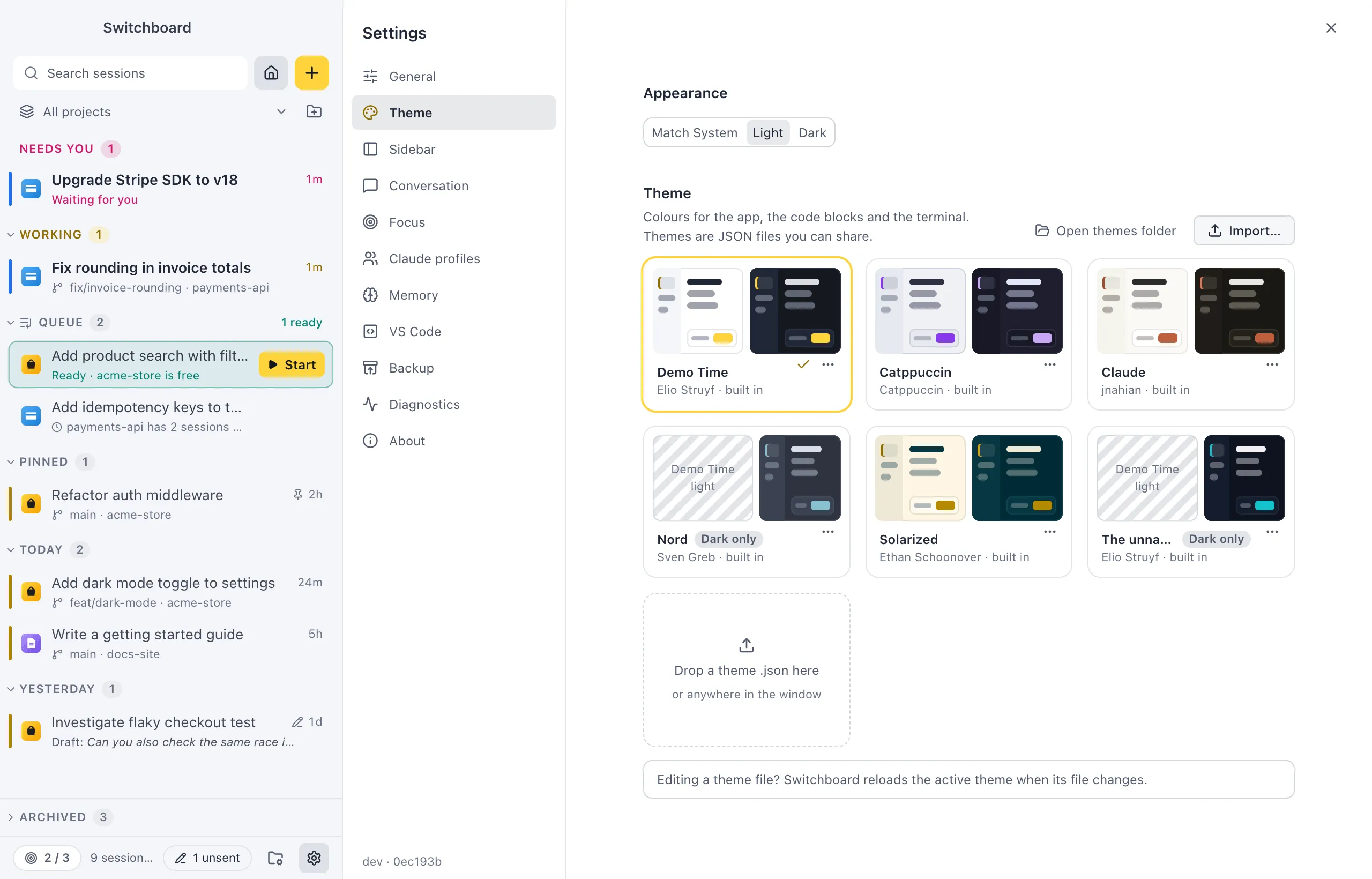 Settings open on Theme: the Appearance control, then a grid of theme cards, each with a light and a dark preview, its name and author, and a dashed card to drop a theme file on