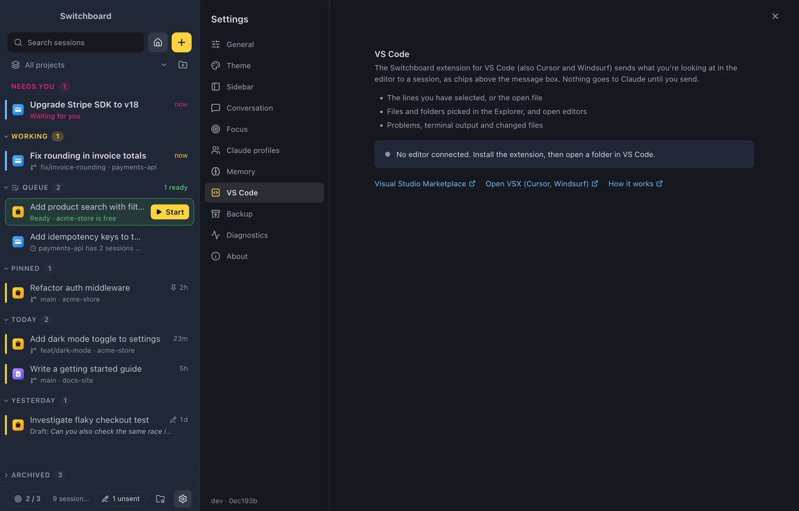 Settings on VS Code: what the extension sends, a status line saying whether an editor is connected, and links to the Visual Studio Marketplace, Open VSX and How it works