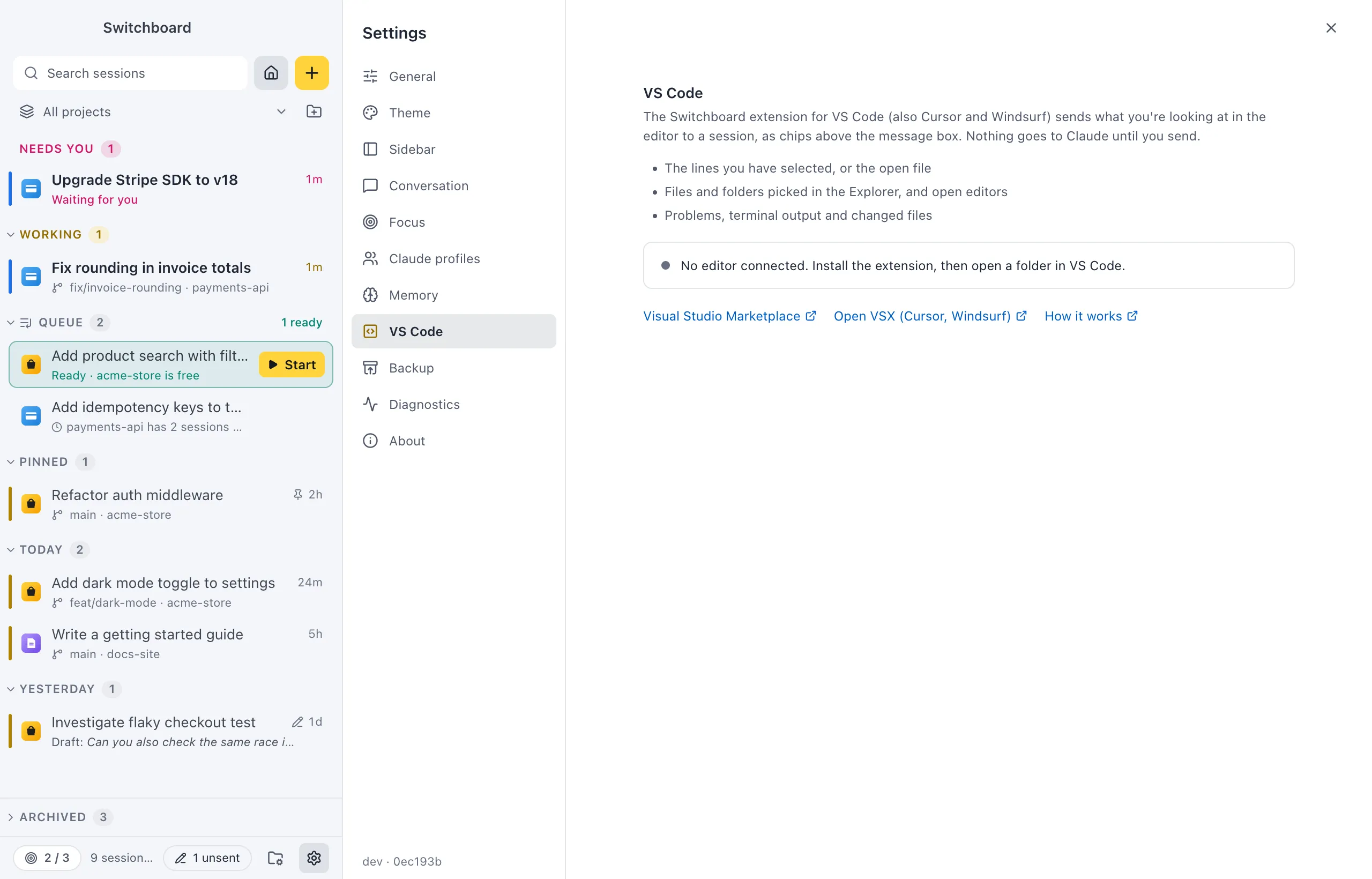 Settings on VS Code: what the extension sends, a status line saying whether an editor is connected, and links to the Visual Studio Marketplace, Open VSX and How it works