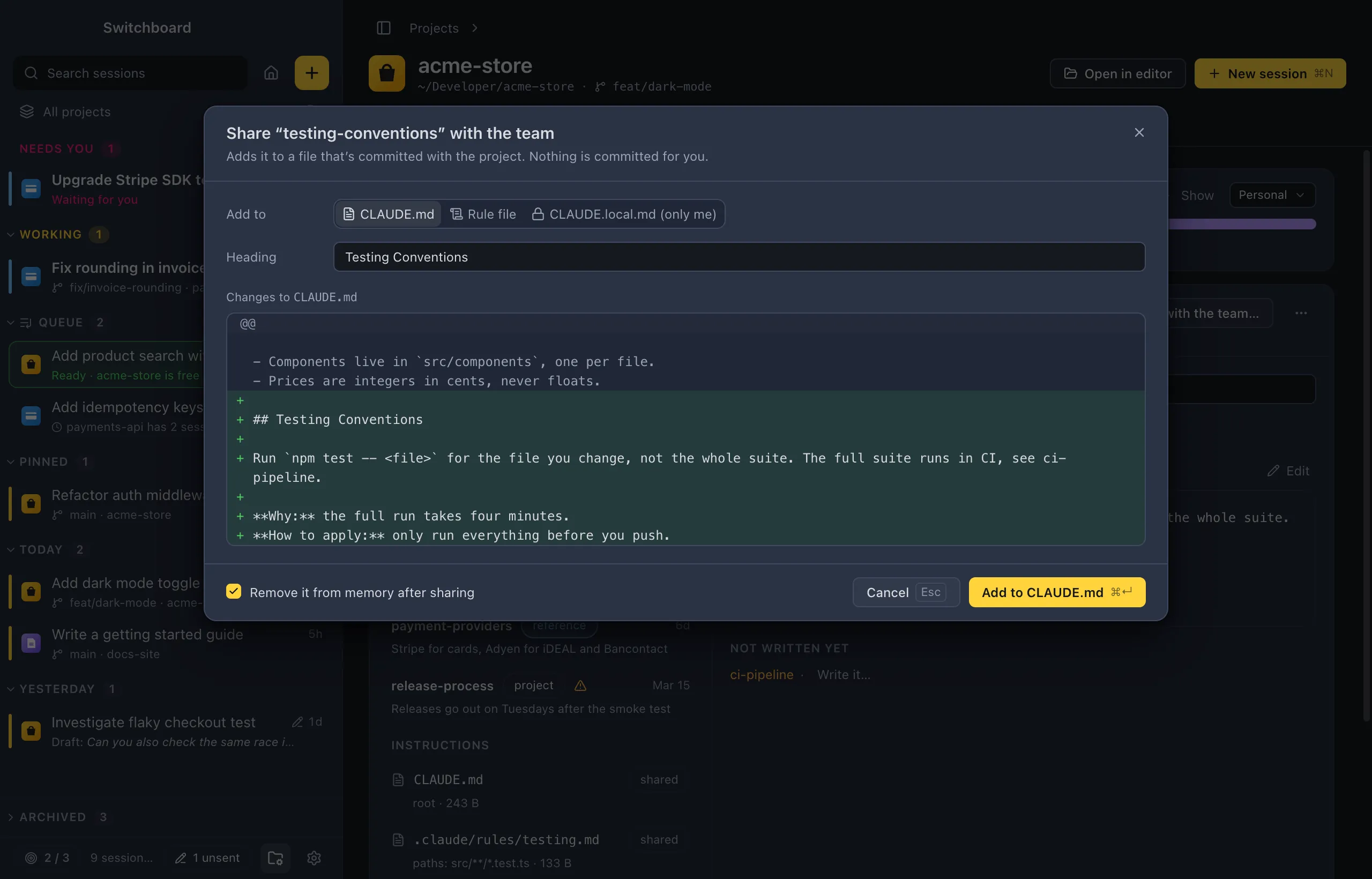 The Share with the team dialog: Add to with CLAUDE.md, Rule file and CLAUDE.local.md (only me), the Heading field, and a preview of the lines it adds to CLAUDE.md
