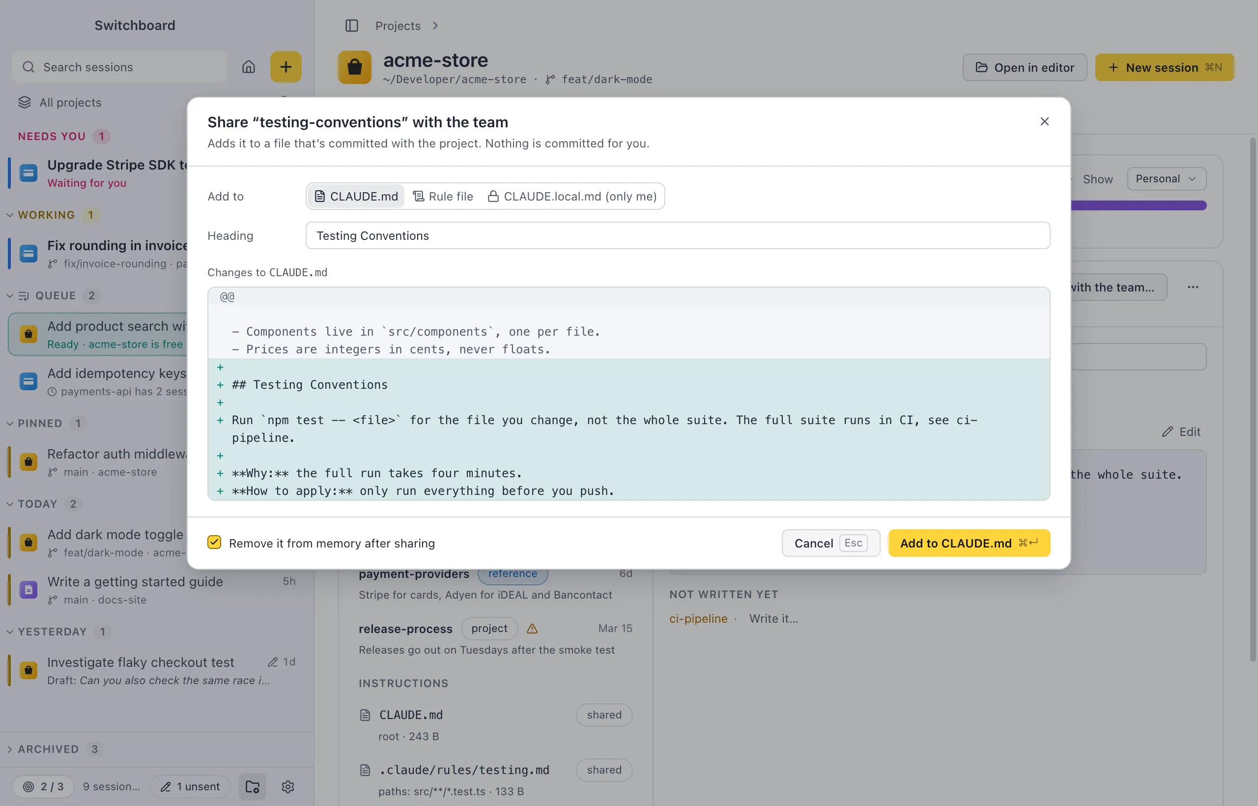 The Share with the team dialog: Add to with CLAUDE.md, Rule file and CLAUDE.local.md (only me), the Heading field, and a preview of the lines it adds to CLAUDE.md