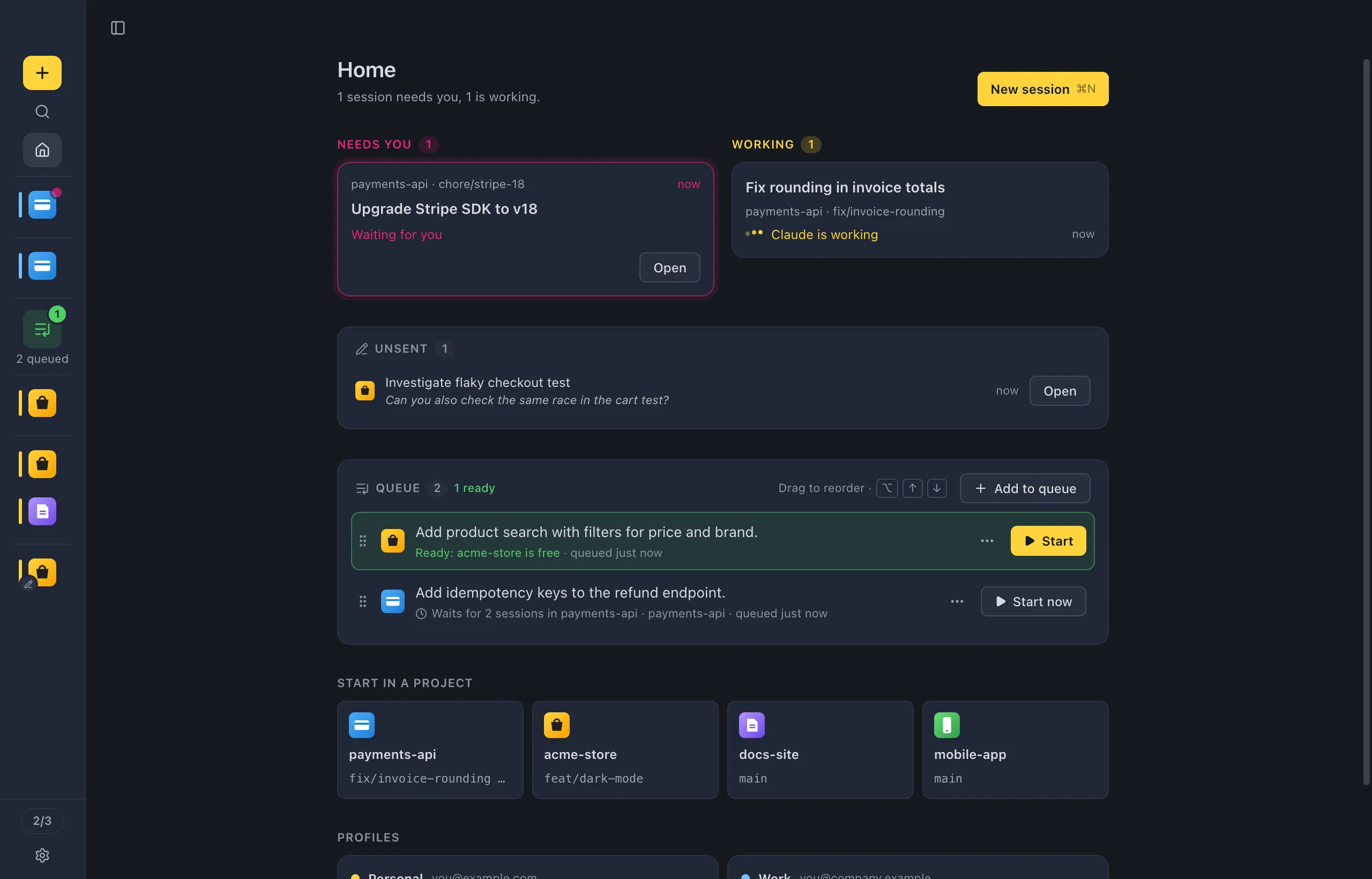 The sidebar collapsed to the minimal rail: one project icon per session, in the same groups and order