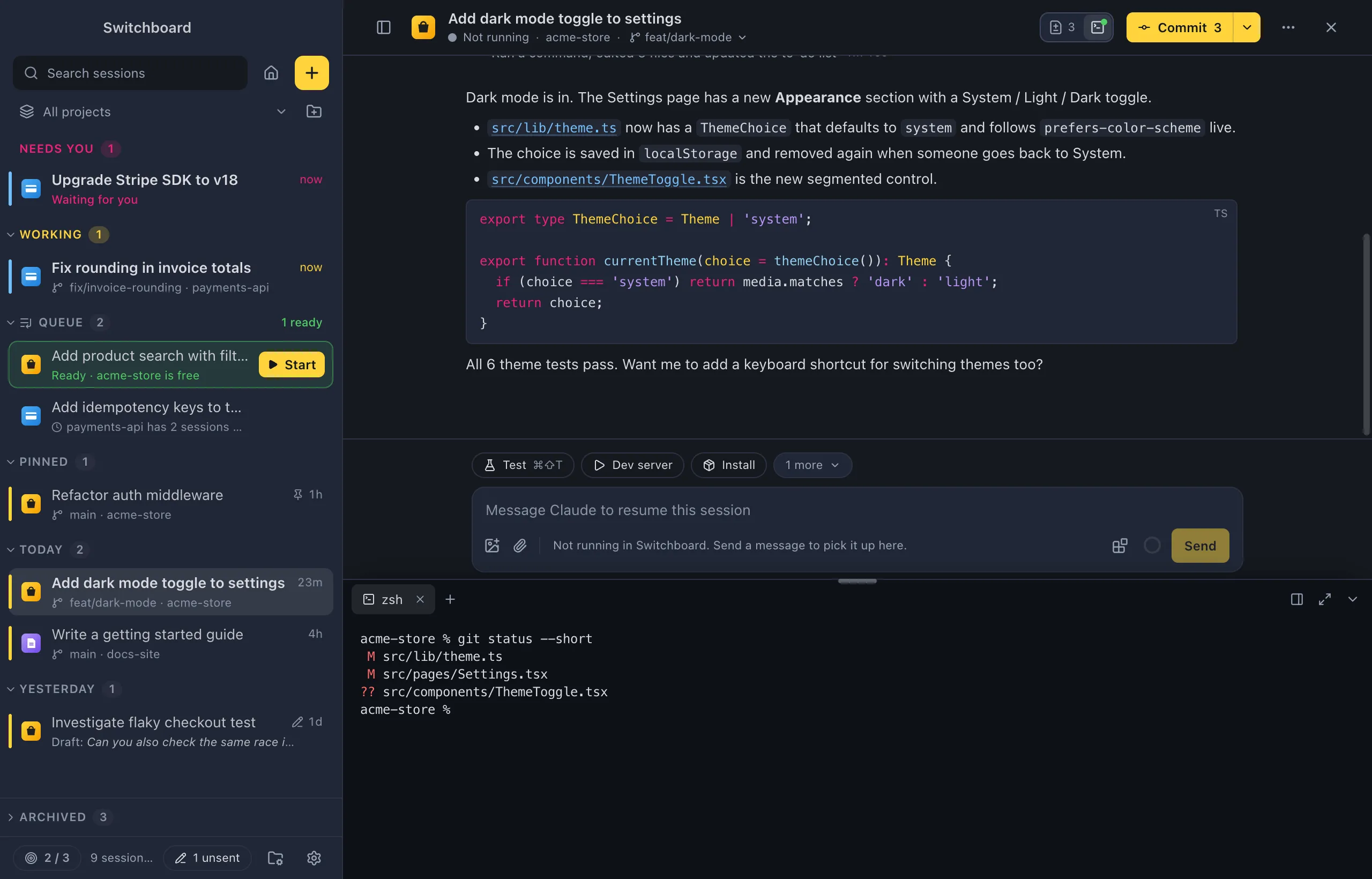 A session with the terminal panel open below the conversation: tabs at the top, a shell with output, and buttons to dock, maximize and hide the panel