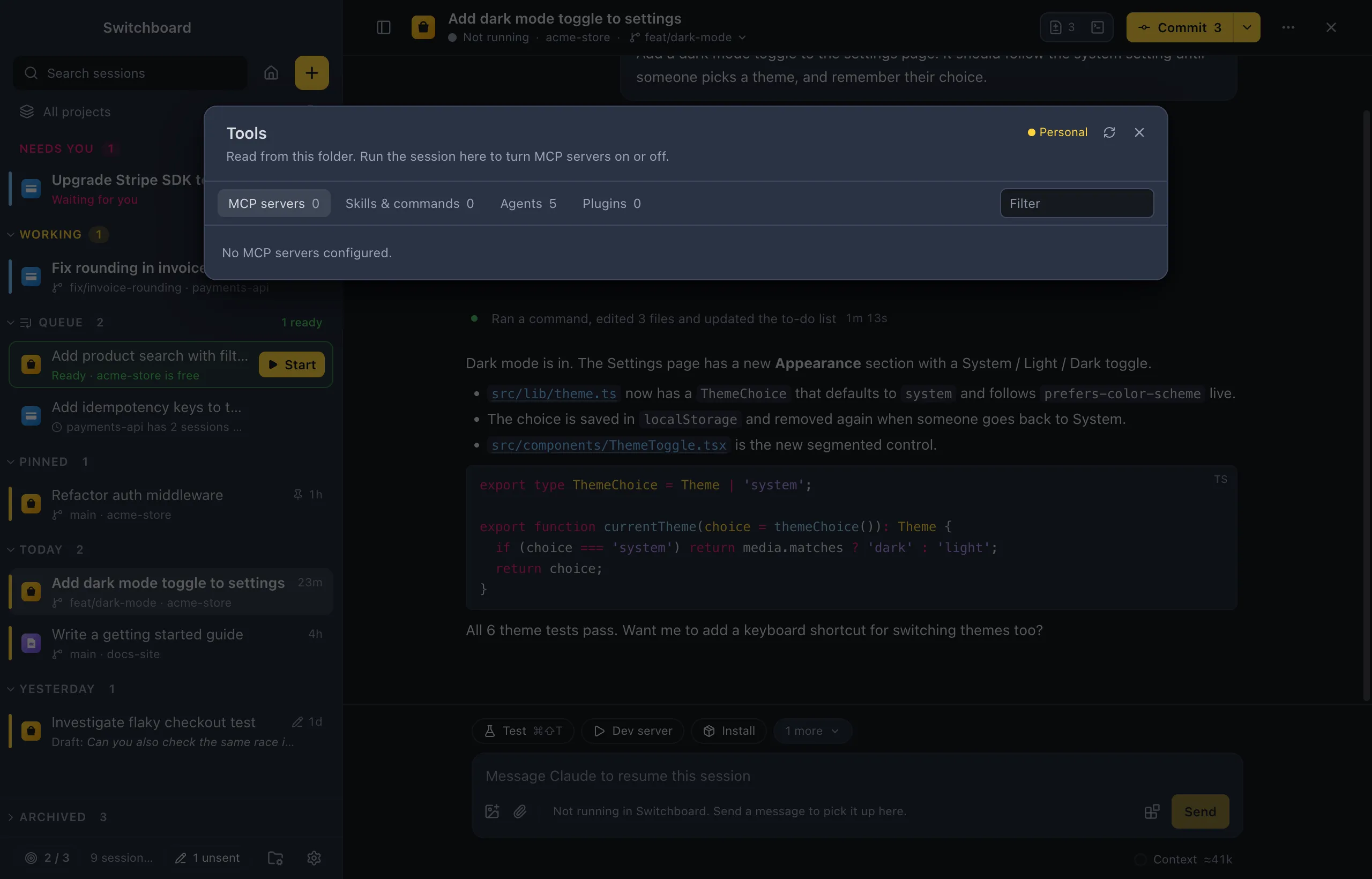 The Tools dialog on the MCP servers tab: each server with its status and number of tools, and tabs for skills and commands, agents and plugins